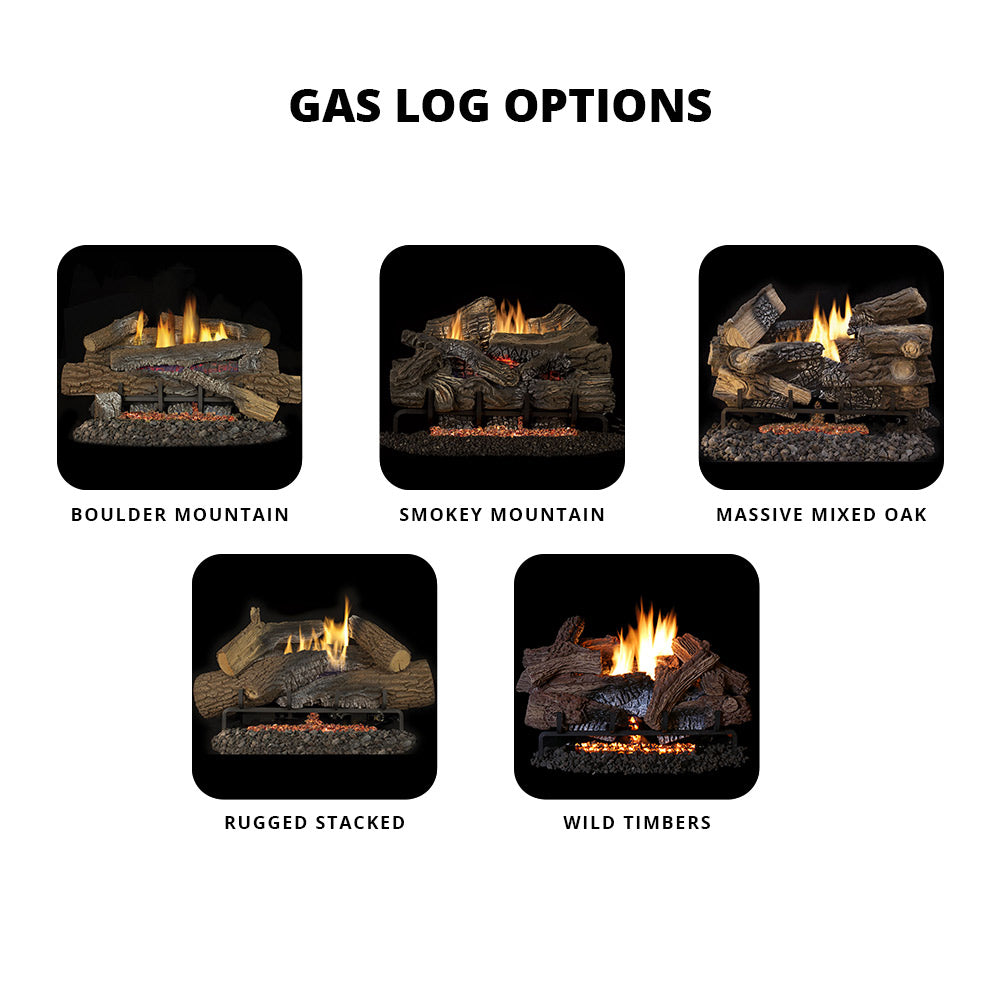 Gas log style option thumbnails showing different burning log arrangements