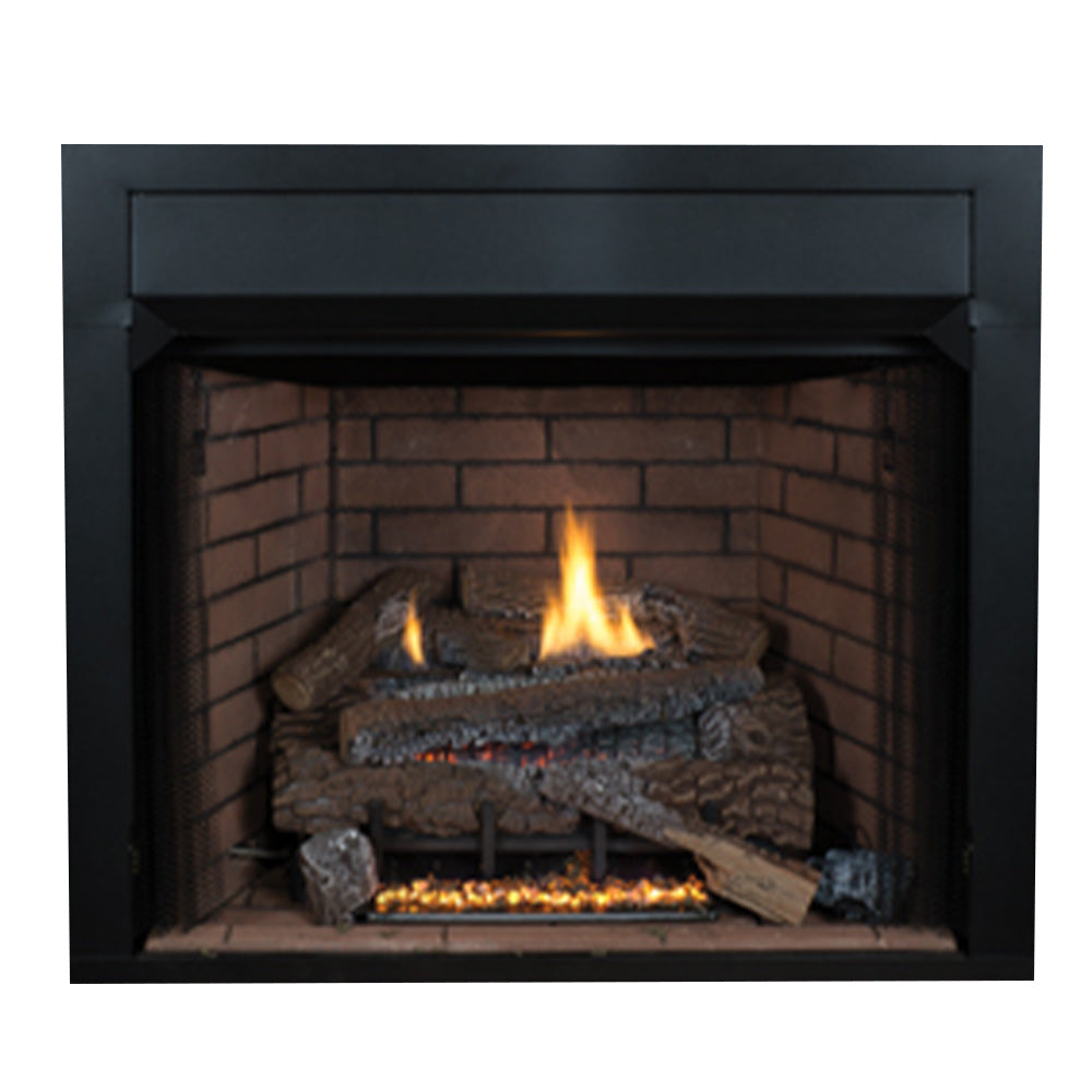 Vent-free gas fireplace with black frame, brick surround, and burning concrete logs