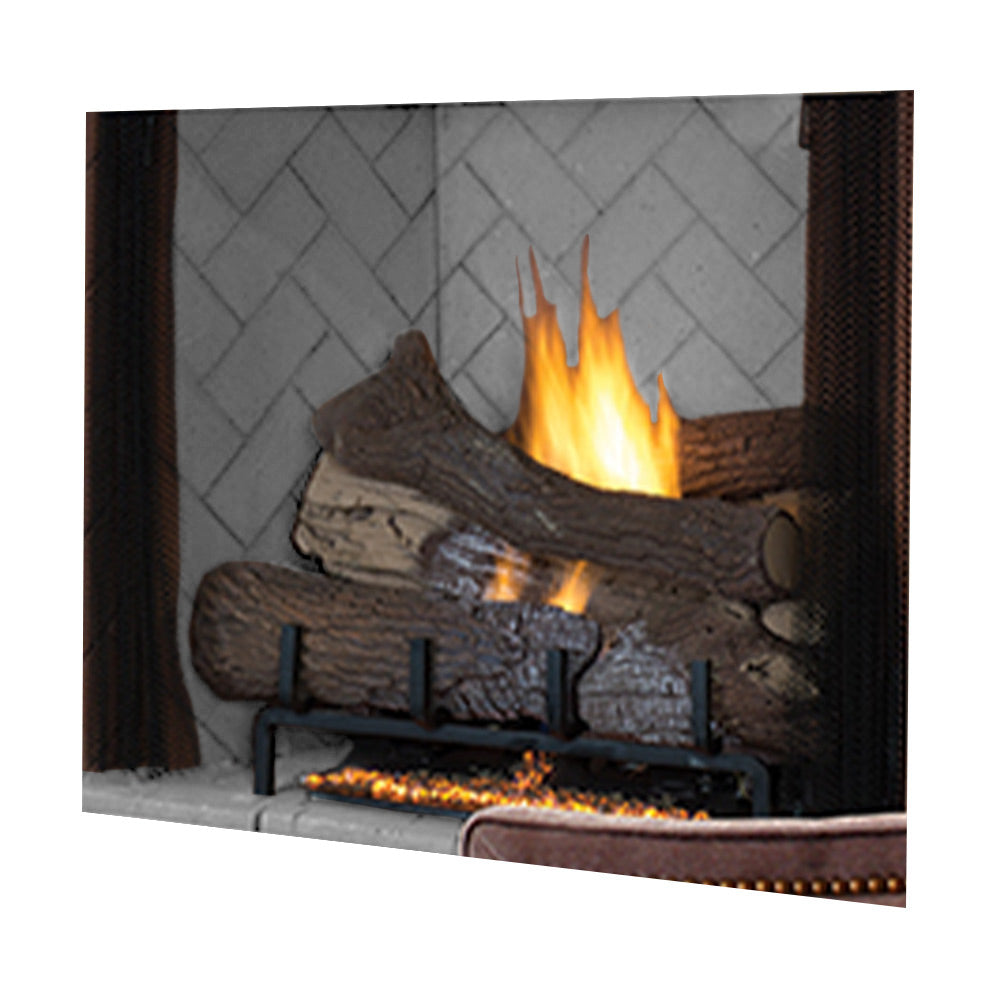 Vent-free gas log firebox with burning logs behind dark mesh screen