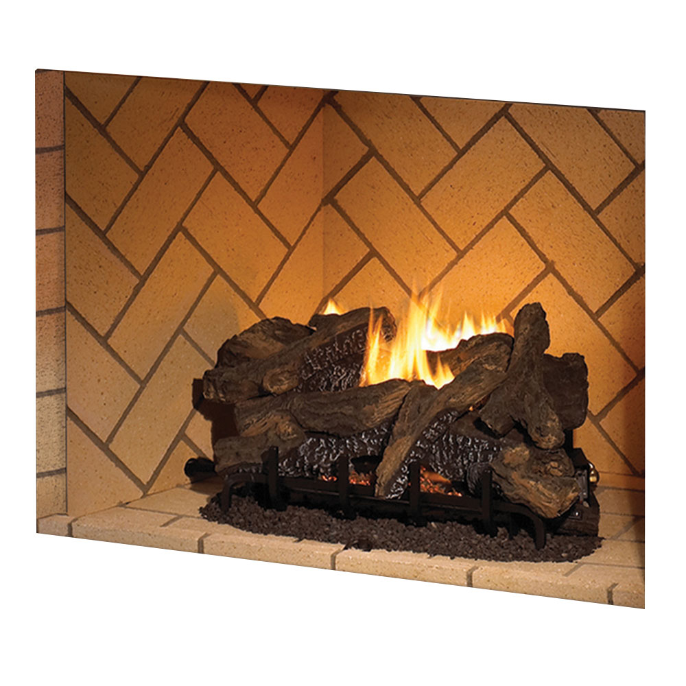 Gas fireplace with mosaic firebox back and burning log set