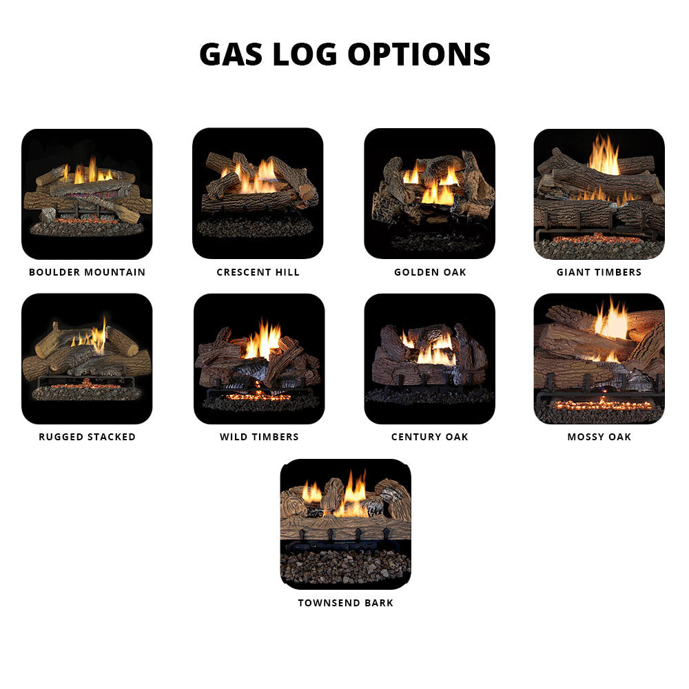 Gas log options thumbnail chart with multiple log styles and flames