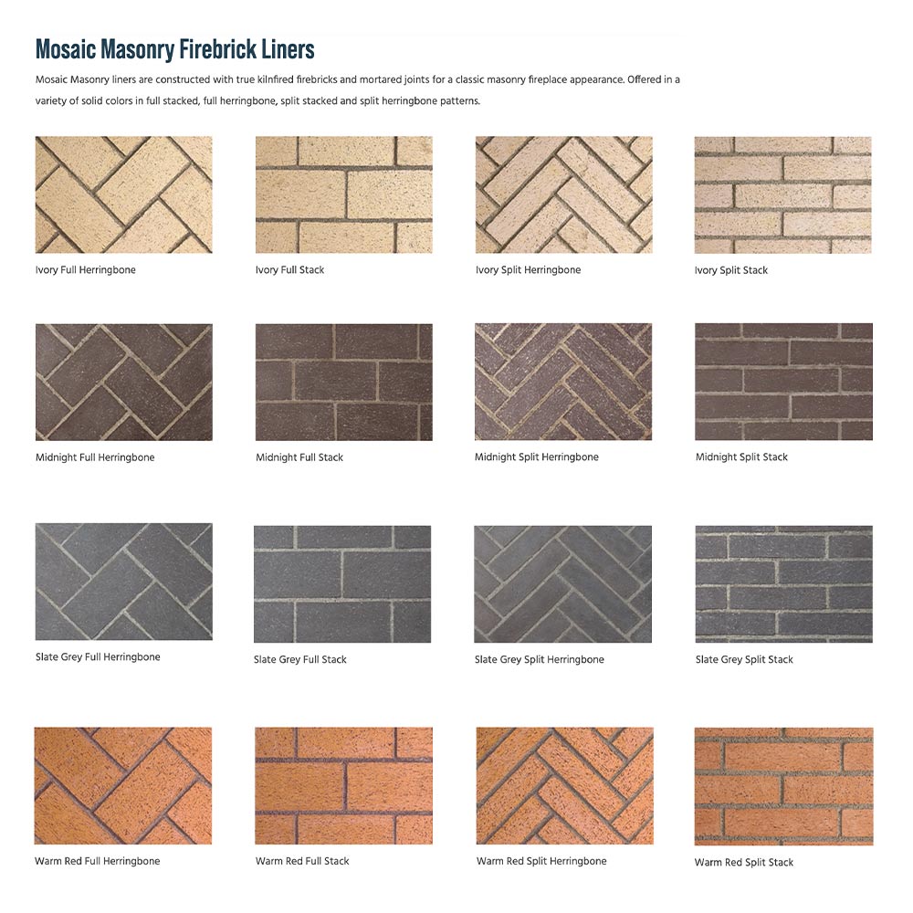 Mosaic masonry firebrick liner sample tiles in multiple colors and patterns