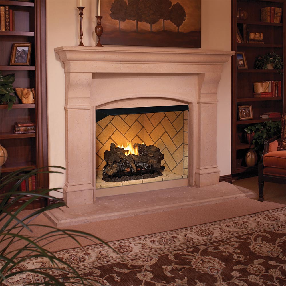 Mosaic masonry firebox with light stone surround and tiled firebrick liner, flames inside.