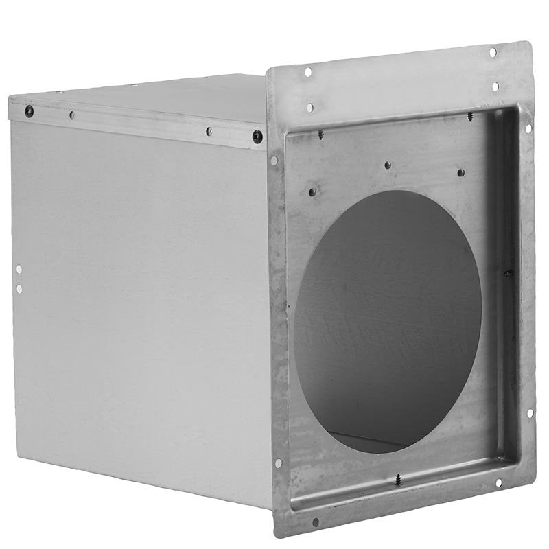 Metal vent sleeve with square outer frame and round duct opening, mounting holes