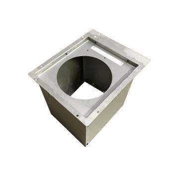 Metal firestop vent sleeve with square flange and round duct opening, 4x7 in