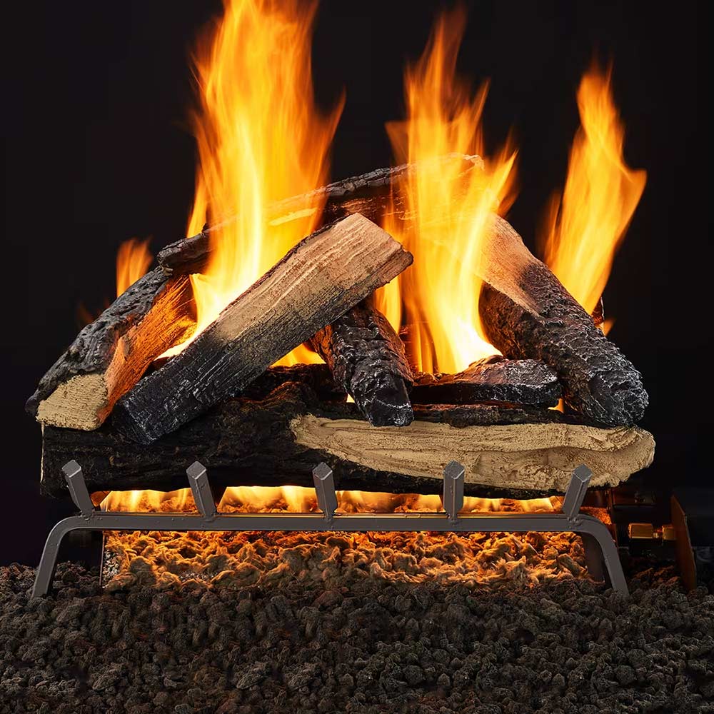 Vented outdoor gas log set with burning wood-look logs and metal grate base