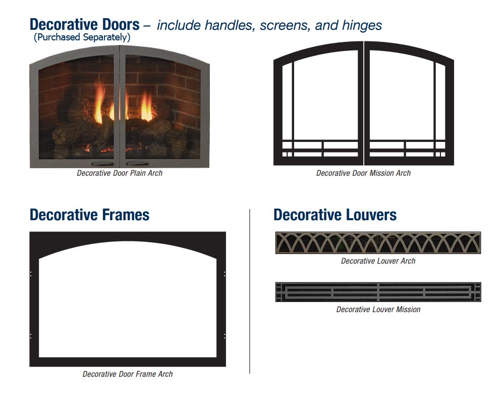 Decorative door, door frame, and louver accessory options for fireplace front