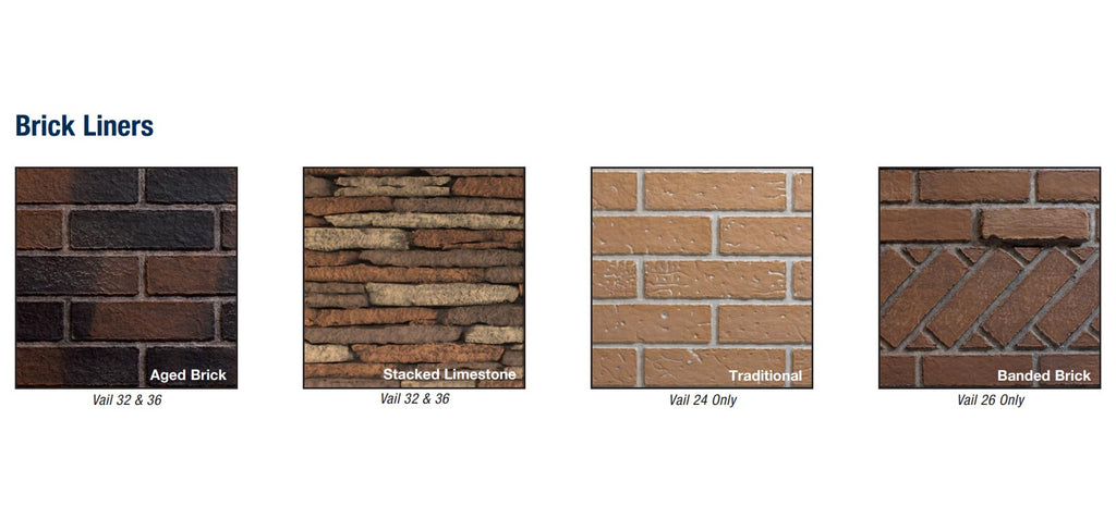 Brick liner samples for a fireplace: aged brick, stacked limestone, traditional, and banded