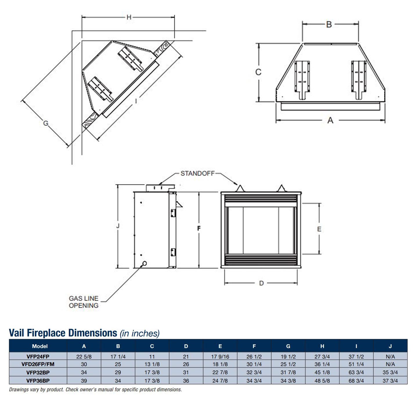 Fireplace dimensions diagram with labeled measurements and ventless burner opening
