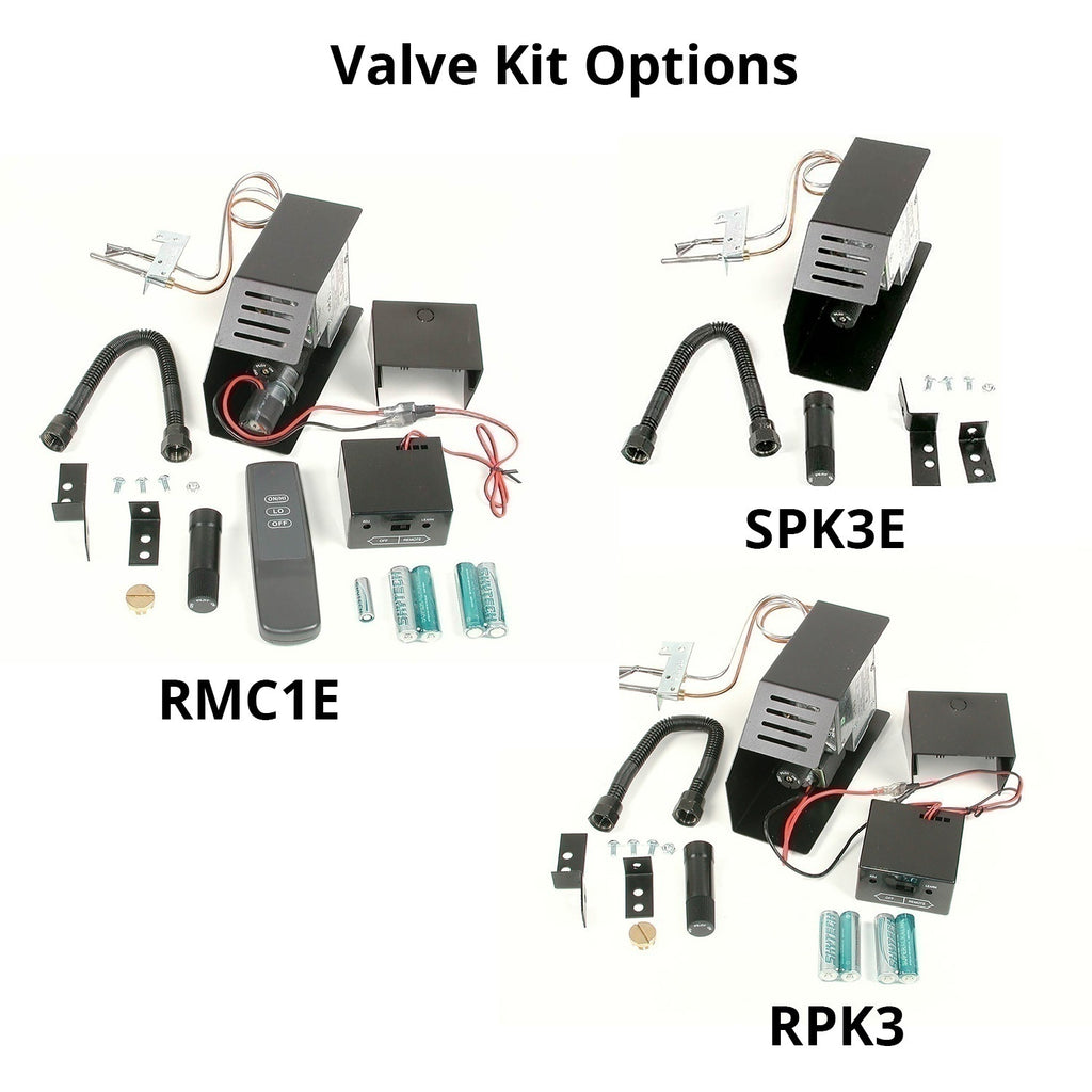 Fireplace valve kit components with control boxes, tubing, and mounting parts