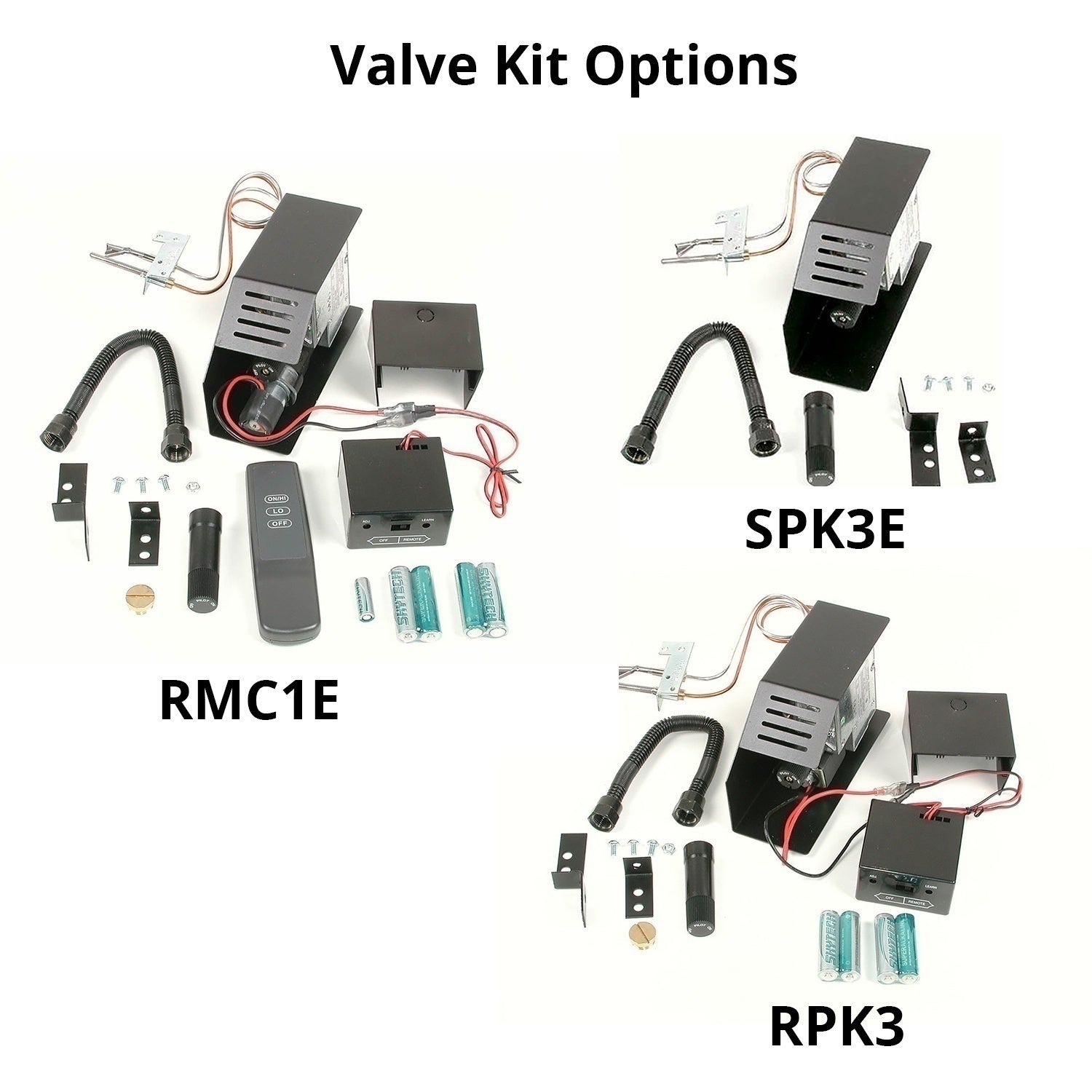 Fireplace valve kit components with control modules, wiring, and hoses in black