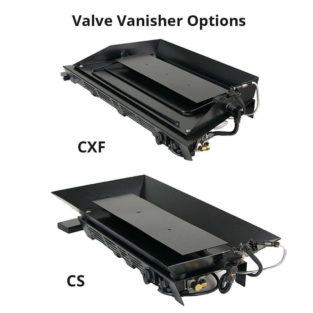 Black valve vanisher fireplace burner modules (CS, CXF) with hoses and valves