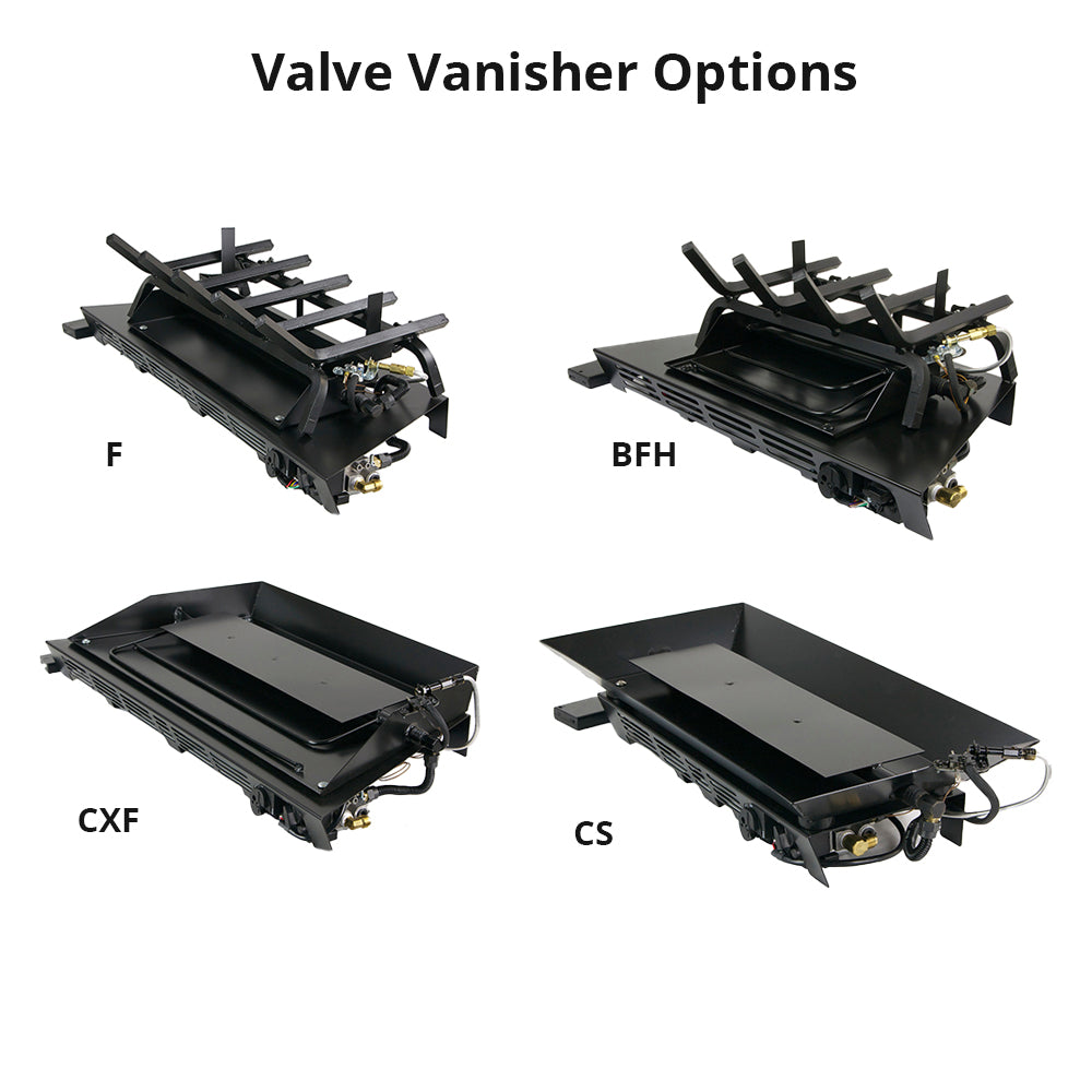 Valve vanisher burner options with four black burner assemblies and vented tray covers