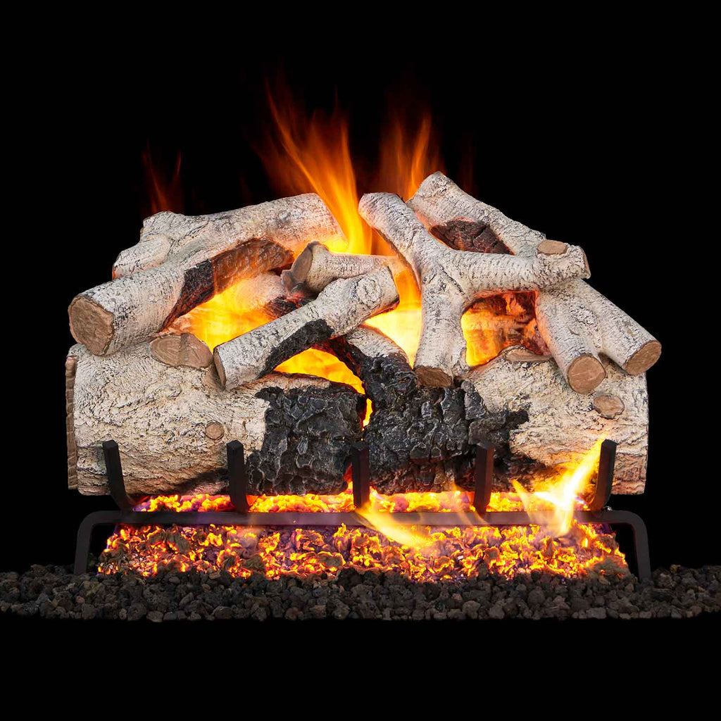 Burning vented gas log set with light gray logs and orange flames