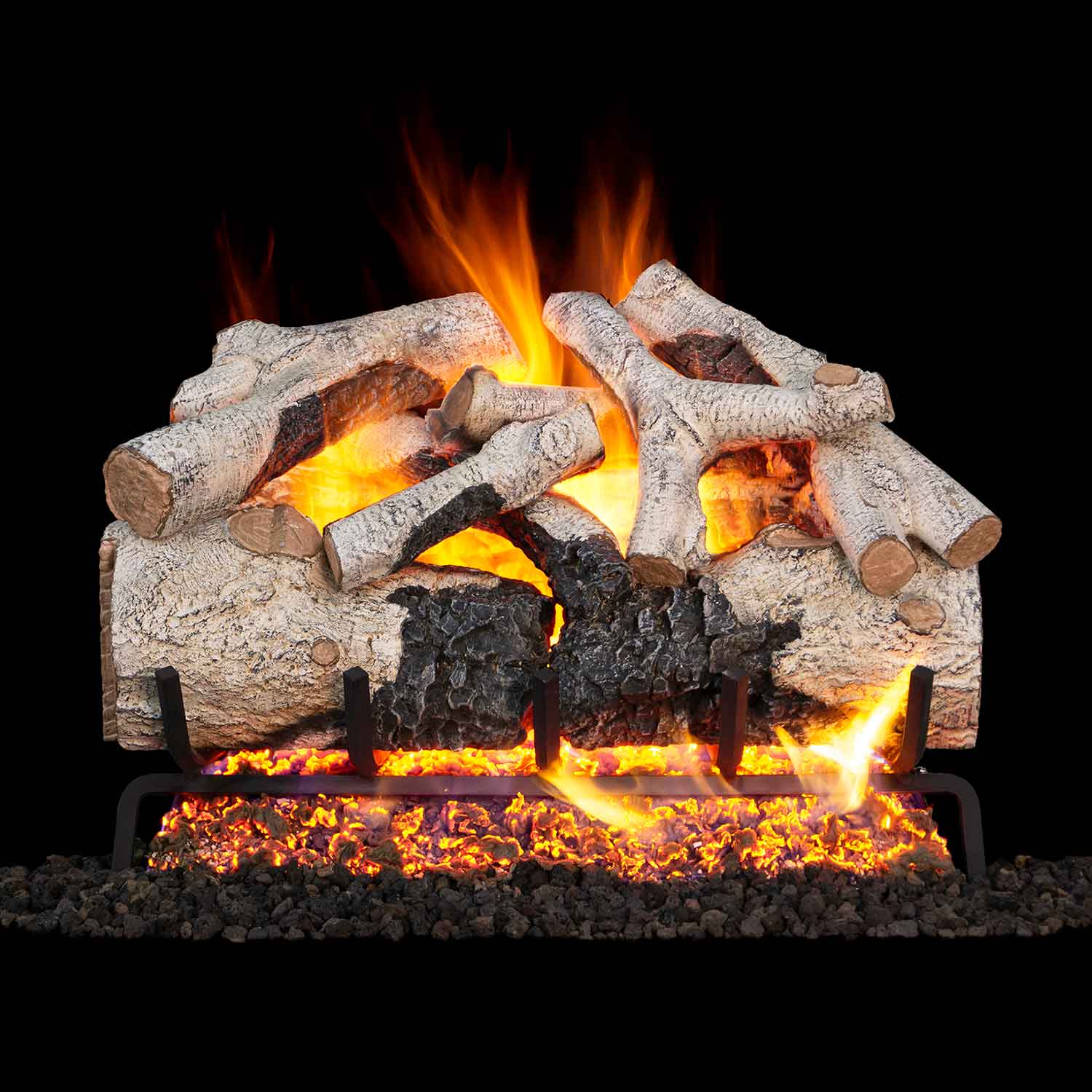Burning vented gas log set with light gray logs and orange flames