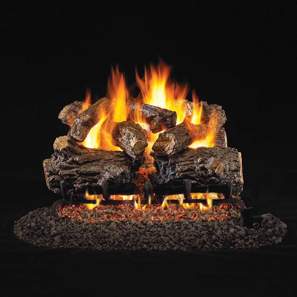 Vented gas log set with dark rustic oak logs and bright flames