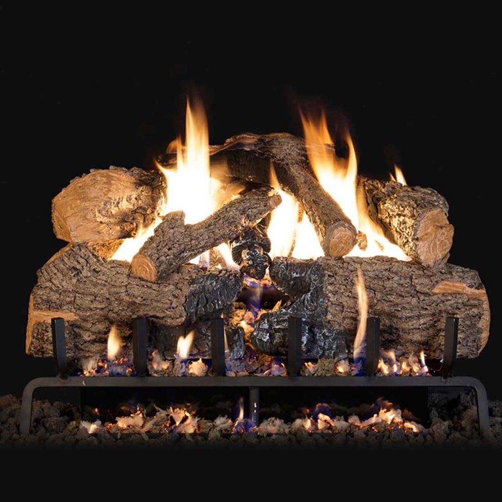 Vented gas log set with charred oak logs and flames over metal burner grate