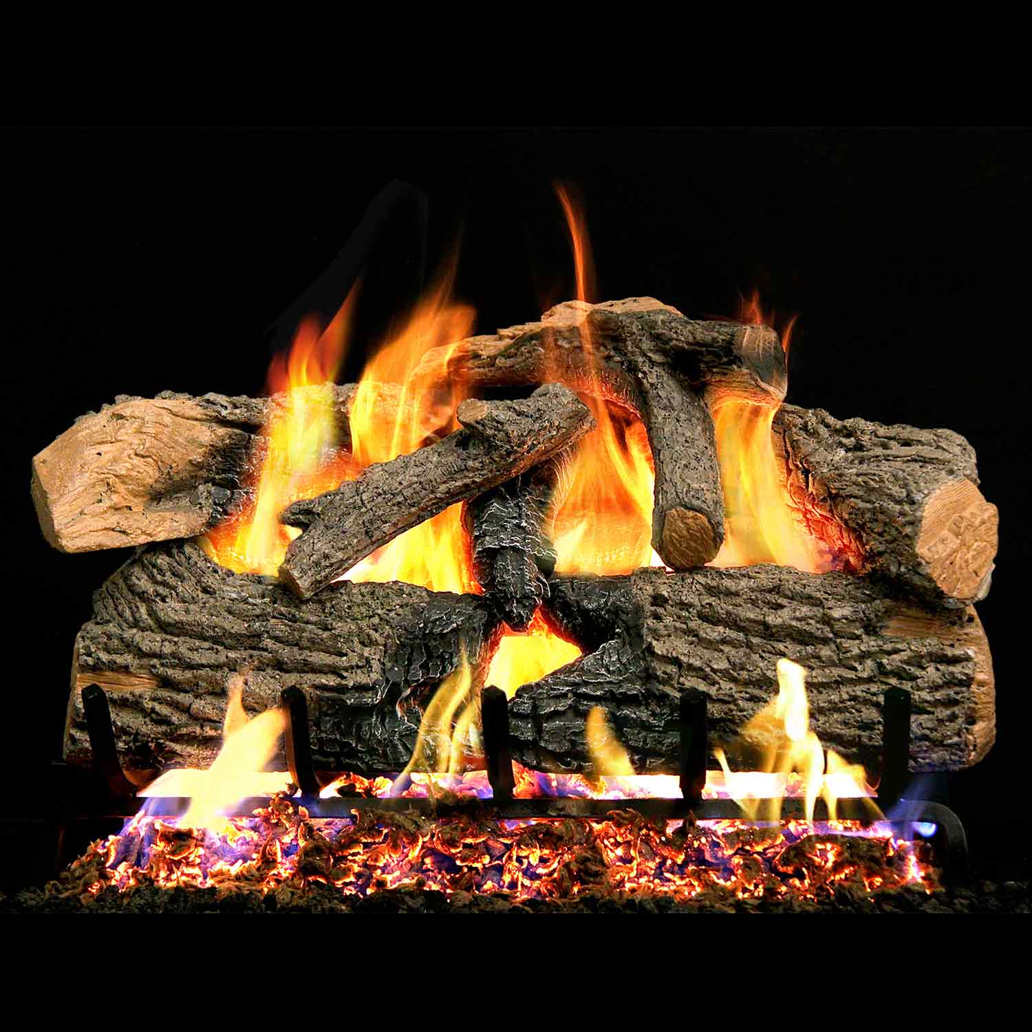 Charred oak gas logs with visible flames and glowing embers