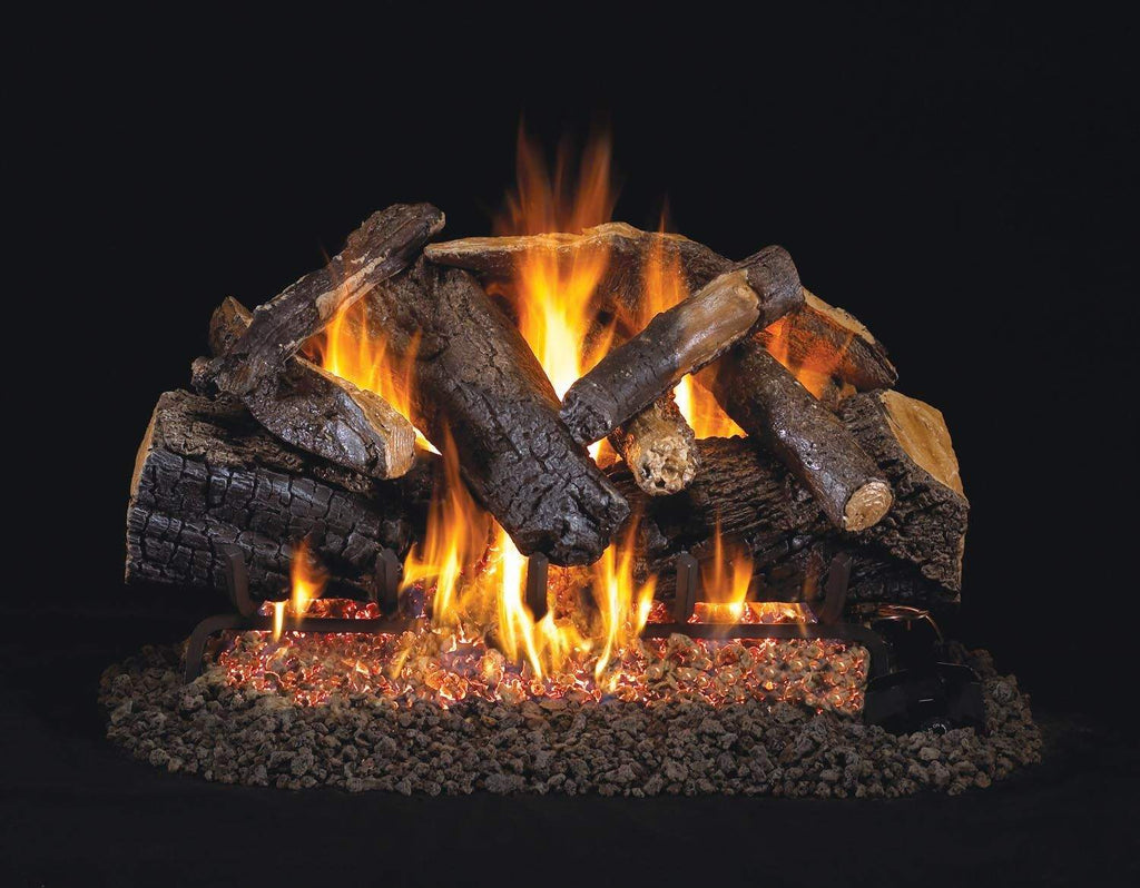 Real Fyre charred oak vented gas log set with glowing embers and open flames
