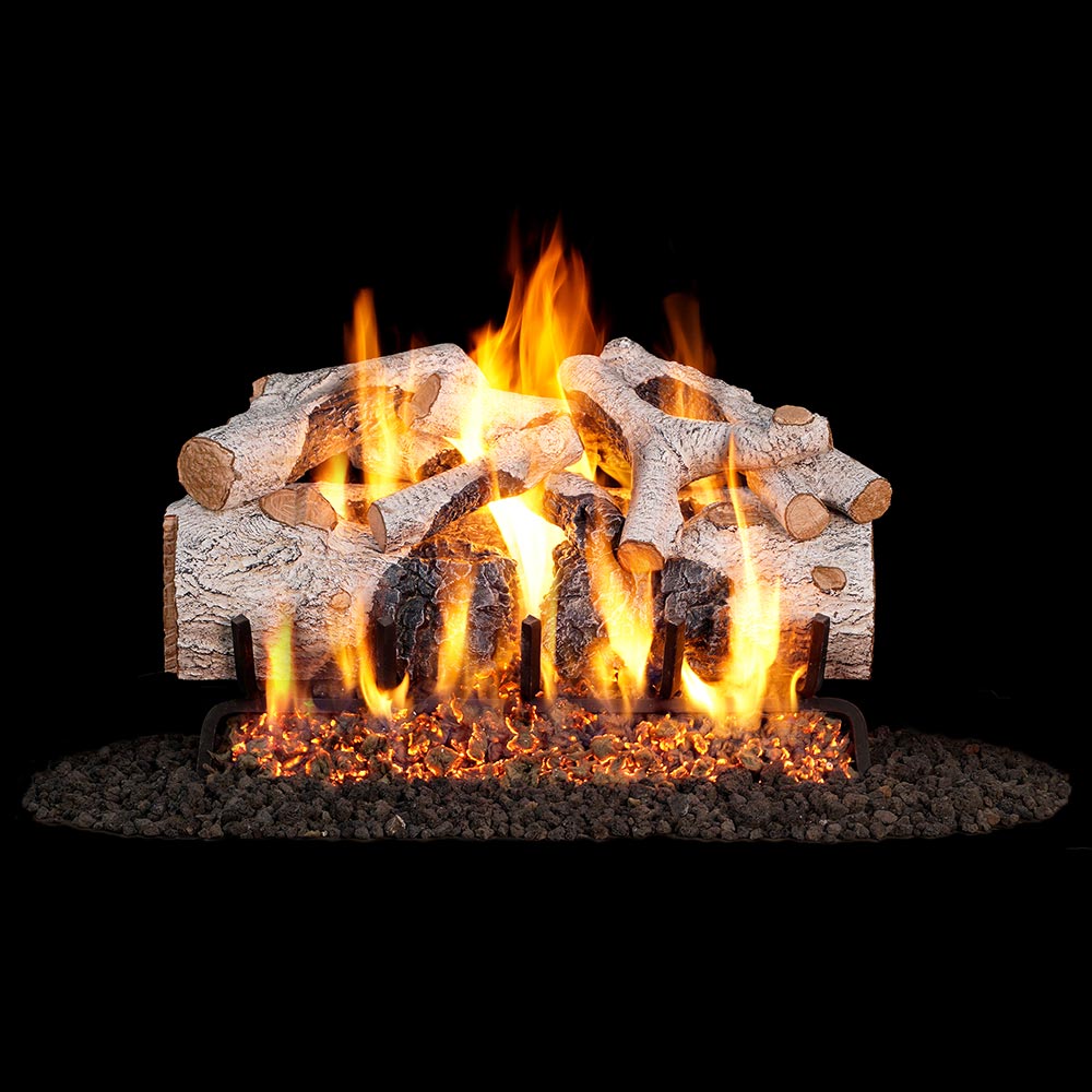 Charred mountain birch vented gas logs set with visible flames and glowing embers