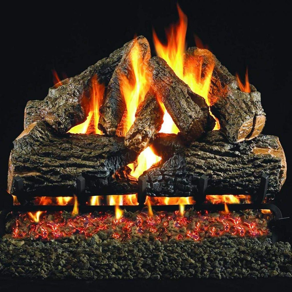 Vented gas log set with charred logs and bright flames