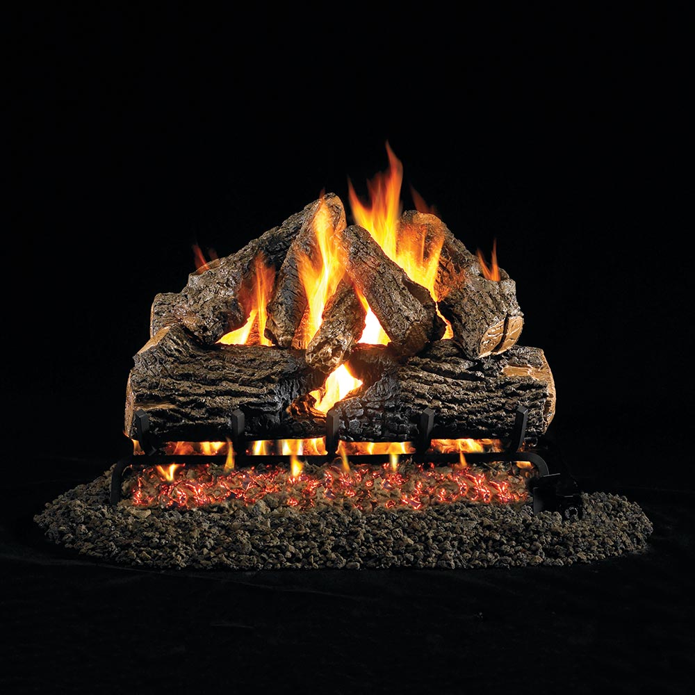Real Fyre vented gas logs, charred oak with flames and glowing embers