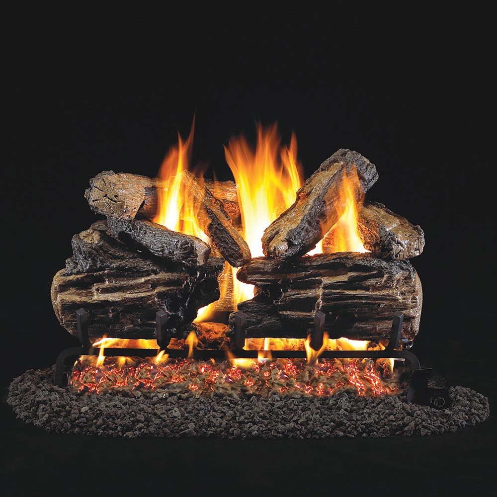 Charred vented gas log set with bright flames across dark logs and glowing embers