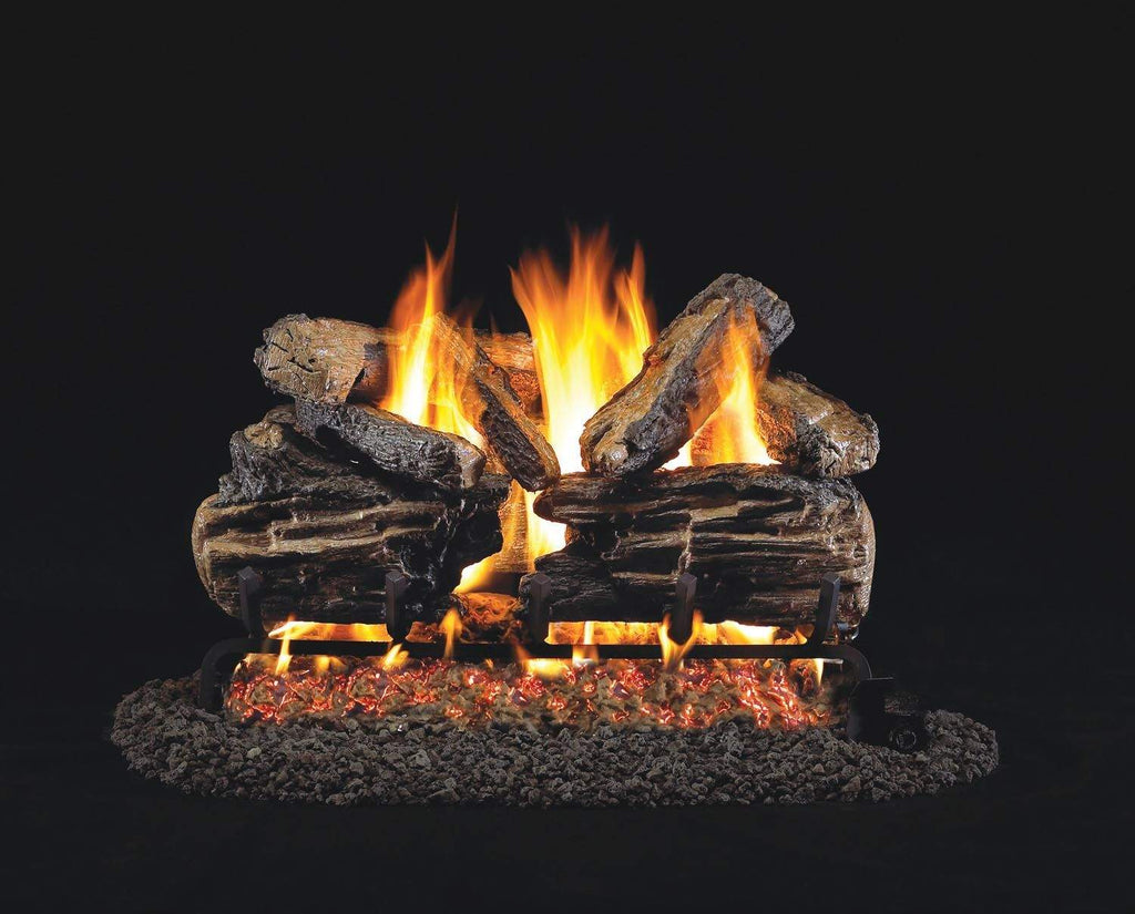 Charred split oak gas log set with glowing embers and open flames on vented burner
