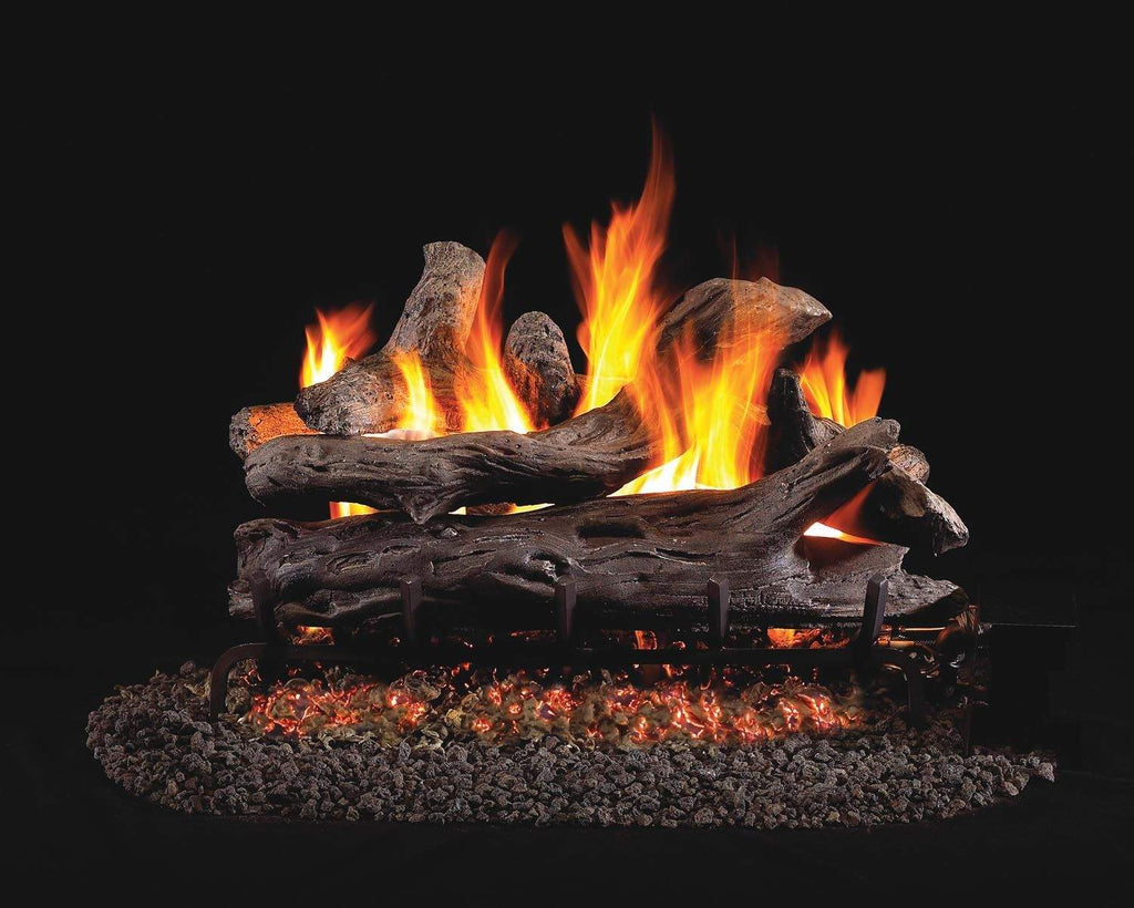 Vented gas log set with driftwood-style logs, glowing embers, and active flames