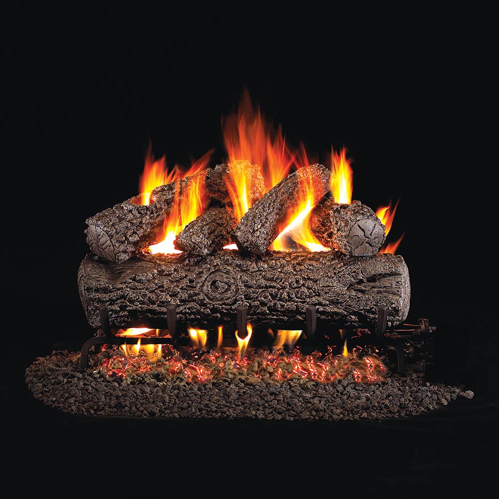 Vented gas log set with burning flames and dark post oak-style logs in firebox