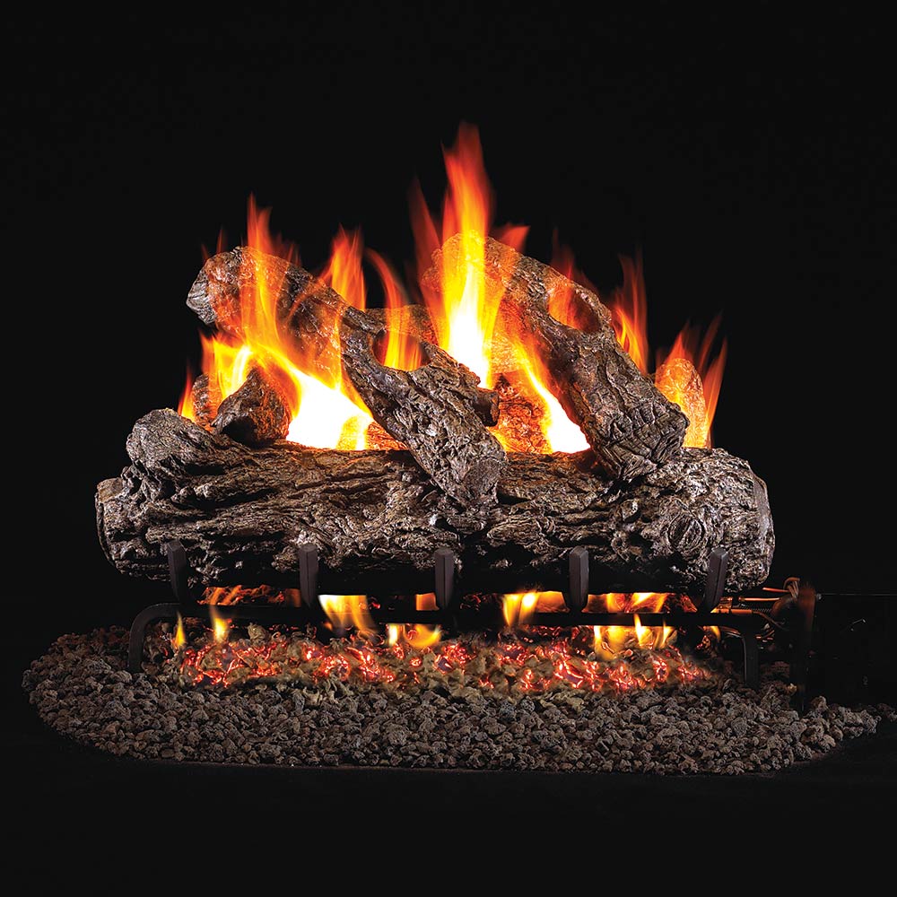 Rustic oak vented gas log set with glowing flames and burning embers