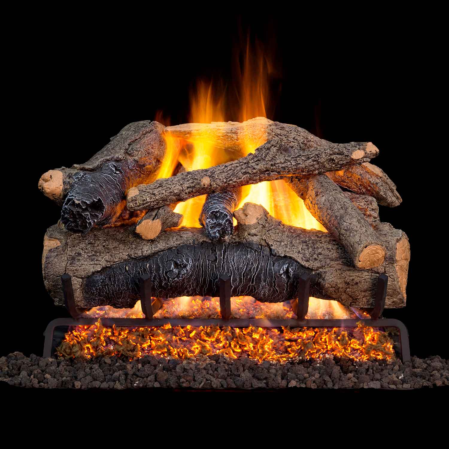 Vented gas log set with glowing oak logs and ember bed