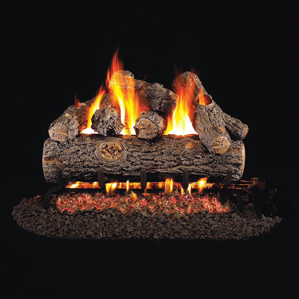 Vented gas log set with glowing embers, burning flames, and charcoal base