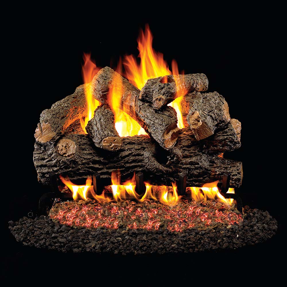 Vented gas logs with flames and glowing embers, rugged charcoal wood effect