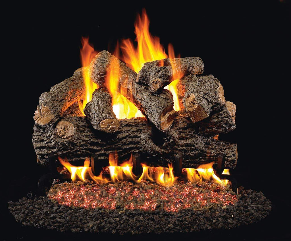 Vented gas log set with glowing flames and stacked dark wood-style logs