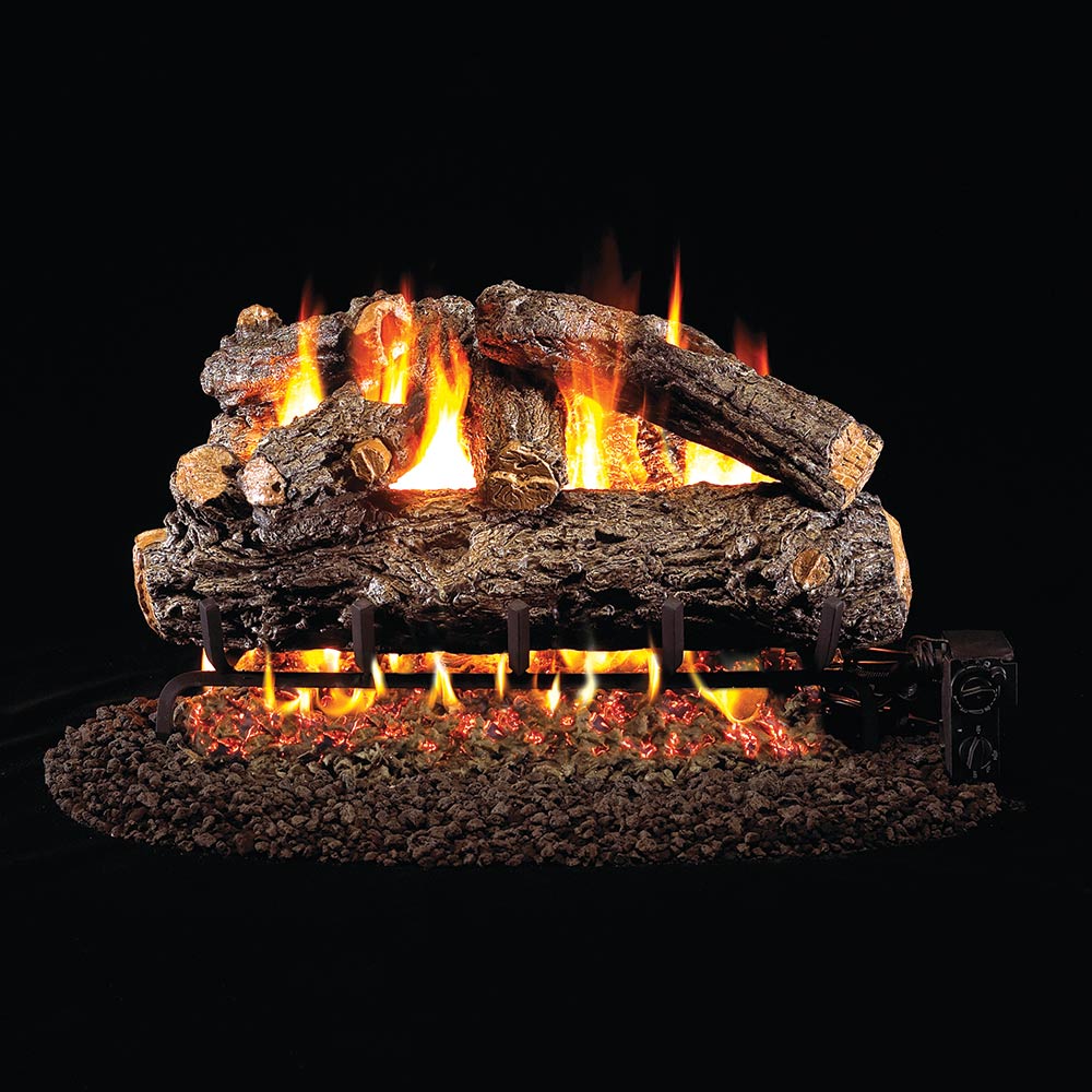 Vented rustic oak gas log set with glowing flames and ember base