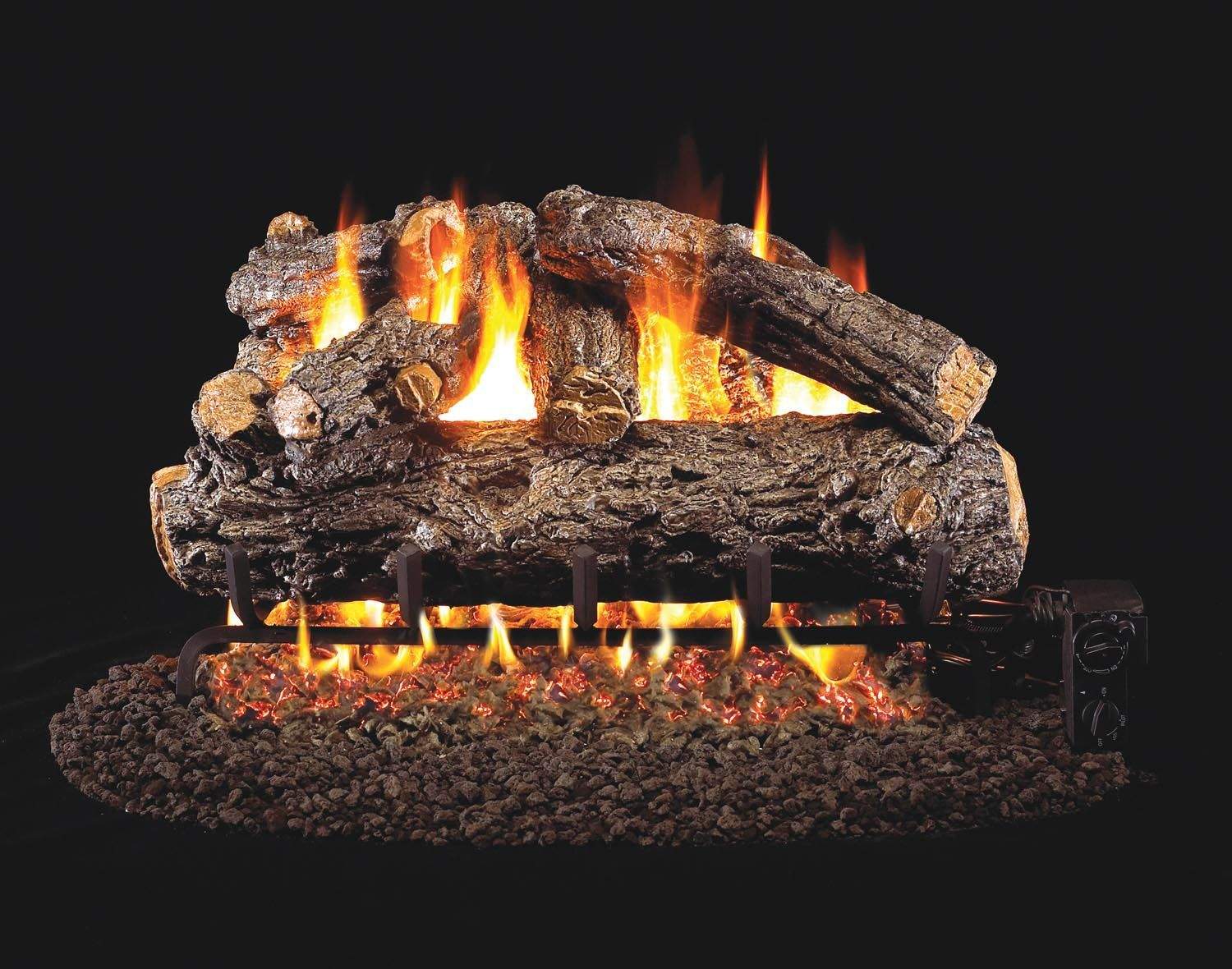 Vented gas log set with glowing flames over rustic oak-style log pieces