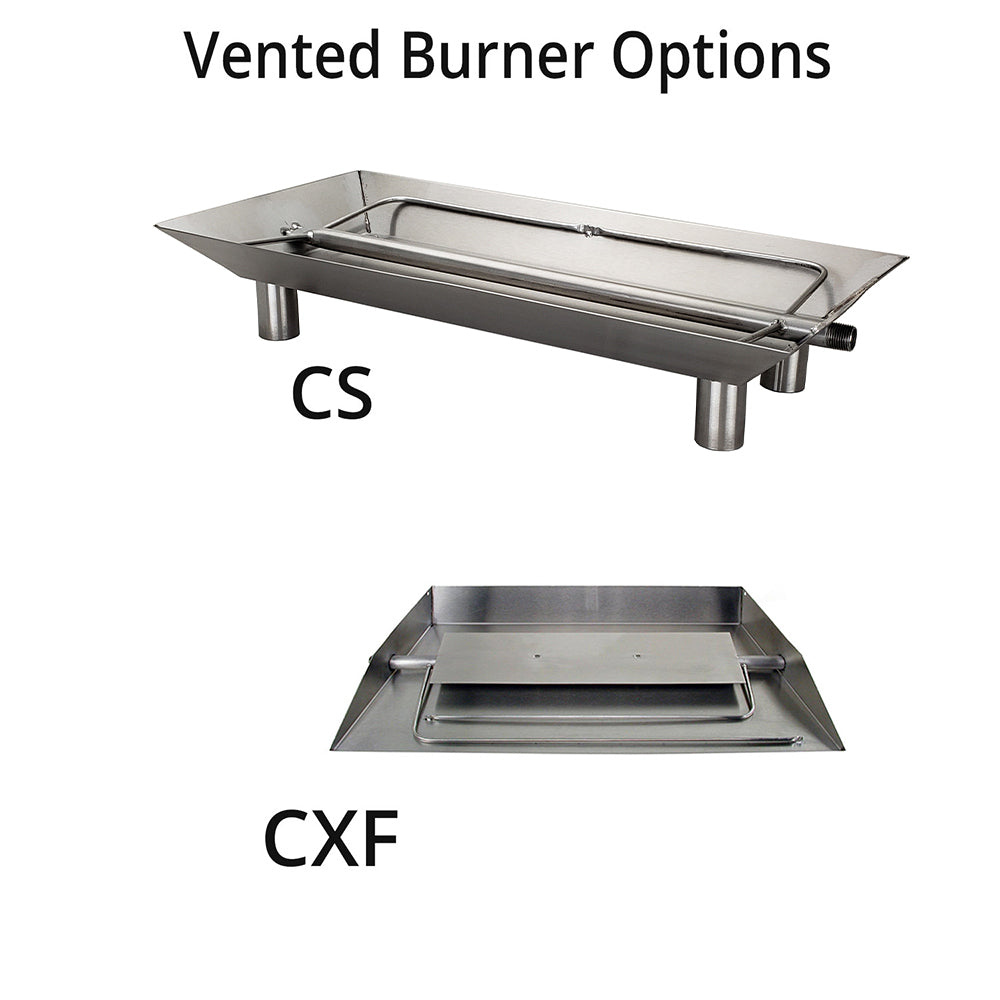 Stainless steel vented burner base, labeled CS and CXF
