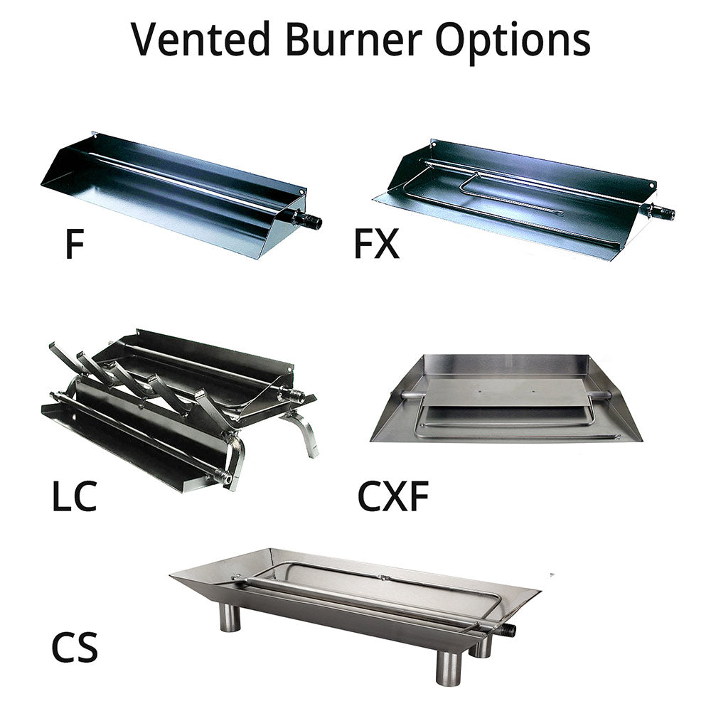 Vented burner options with stainless steel burner pans labeled F, FX, LC, CS, CXF