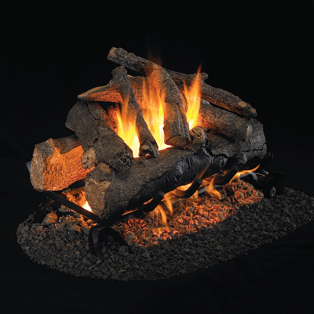 Real Fyre AO vented gas logs, burning flame detail on a log bed