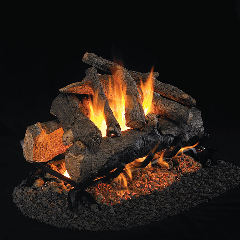 Charred American oak vented gas log set with flames and embers, double-sided burner