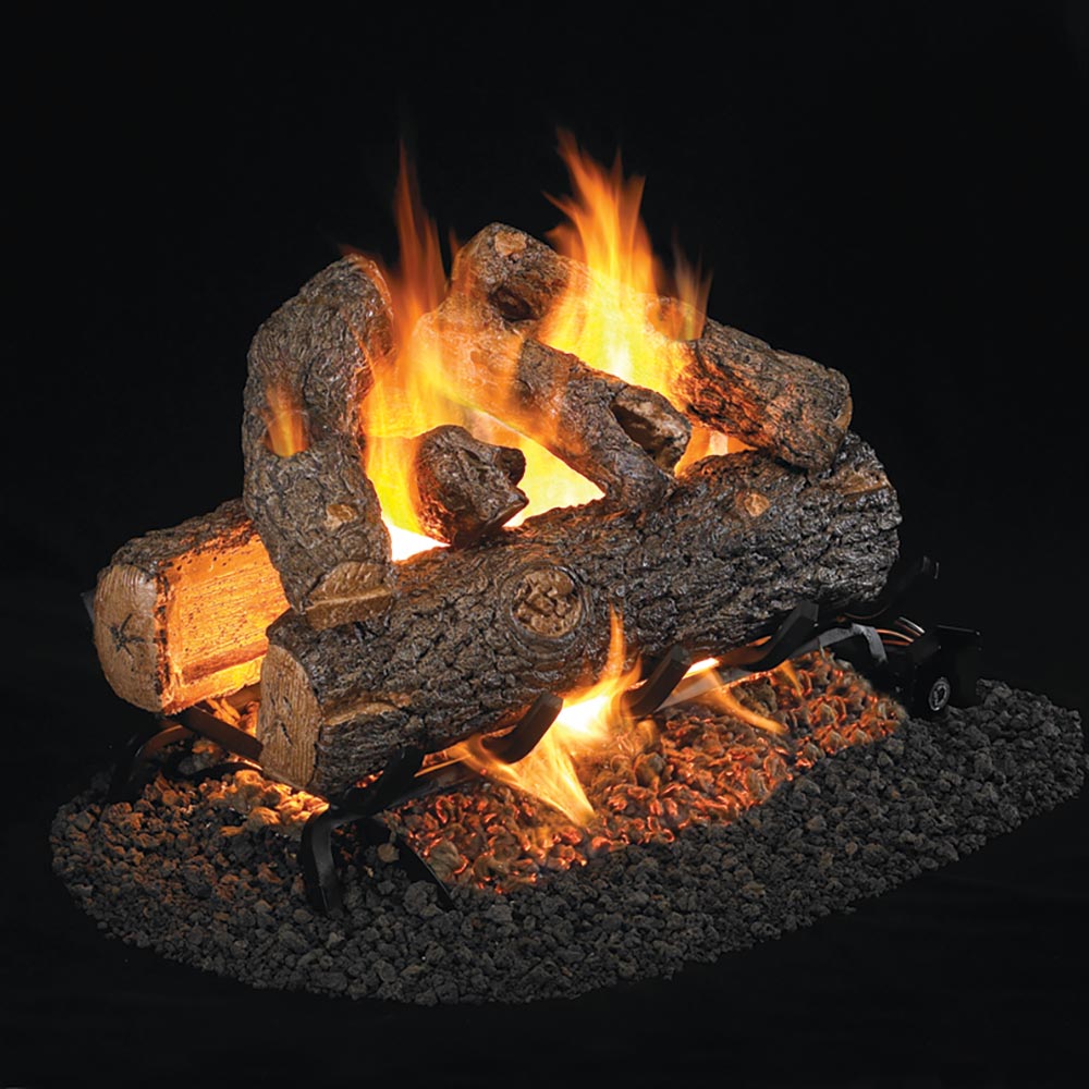 Vented gas log set with split oak logs, open flames, and glowing ember bed