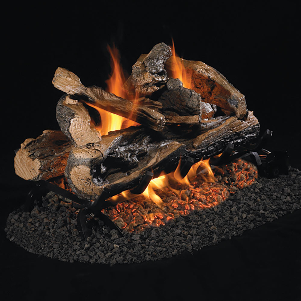 Split oak vented gas log set with active flames and embers