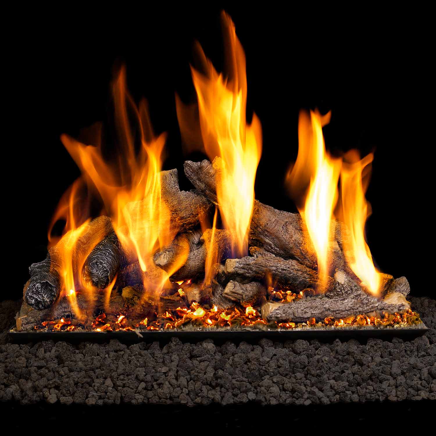 Vented gas log set with glowing flames and dark oak-style logs