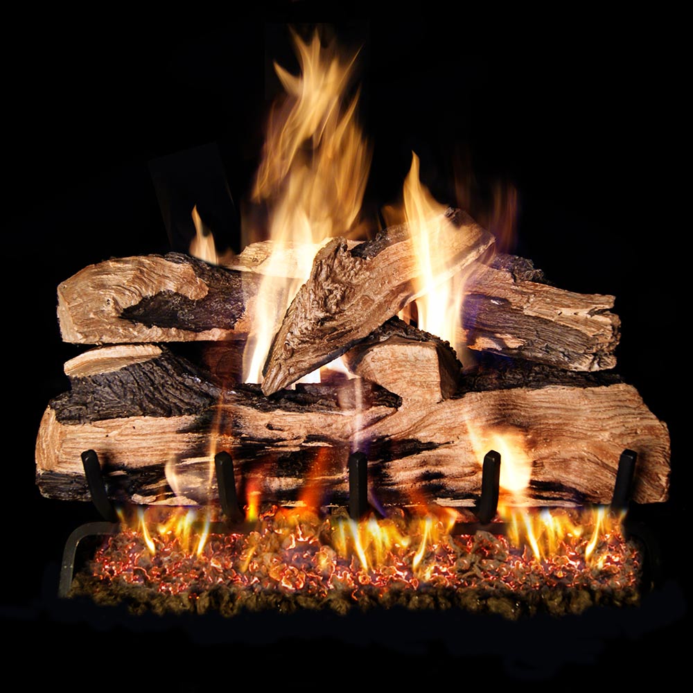 Vented split oak gas log set with open flames and glowing embers