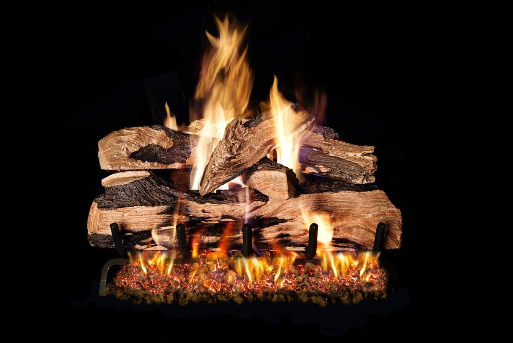 Vented gas log set with split oak logs and visible flames