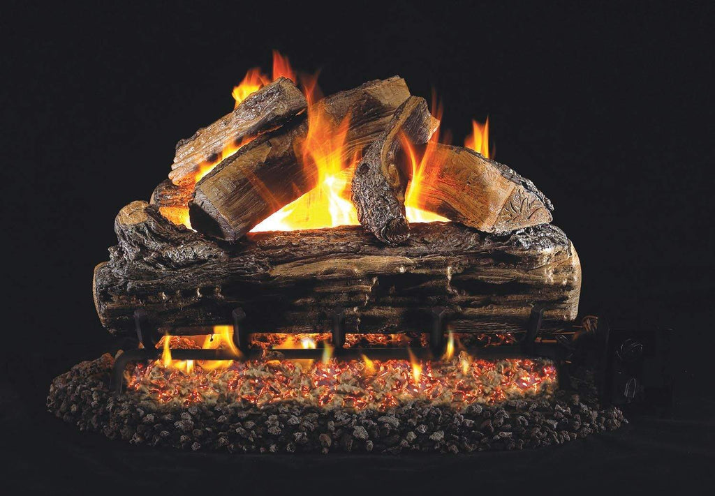 Split oak vented gas log set with glowing flames