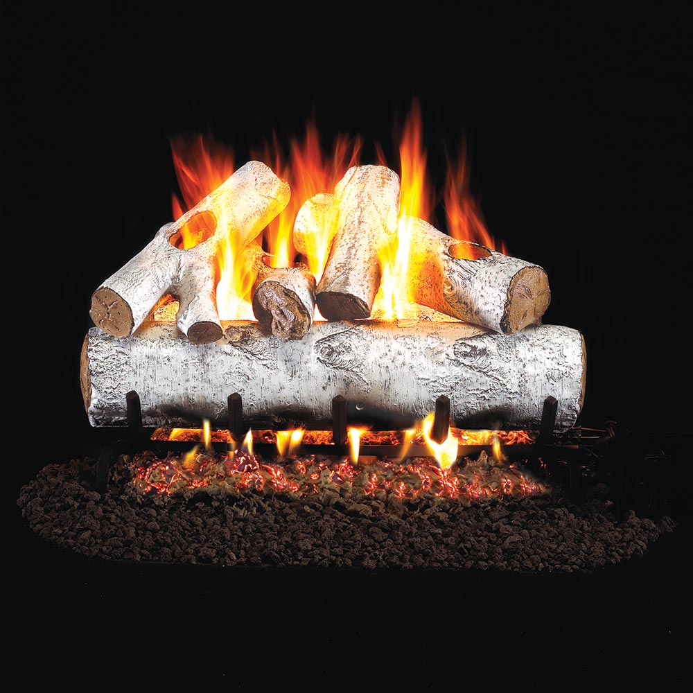 Vented gas log set with burning flames on light logs over black lava rock