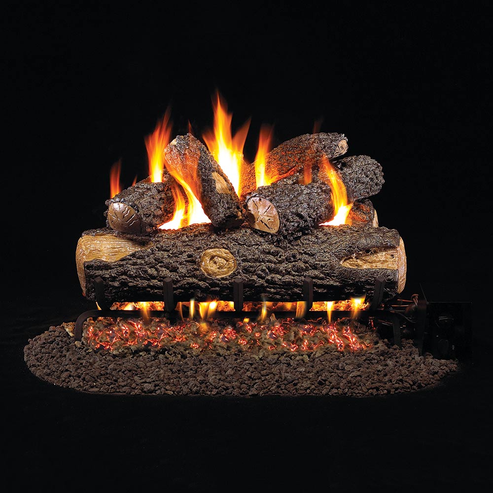 Vented gas log set with stacked logs and glowing flames, stainless burner base