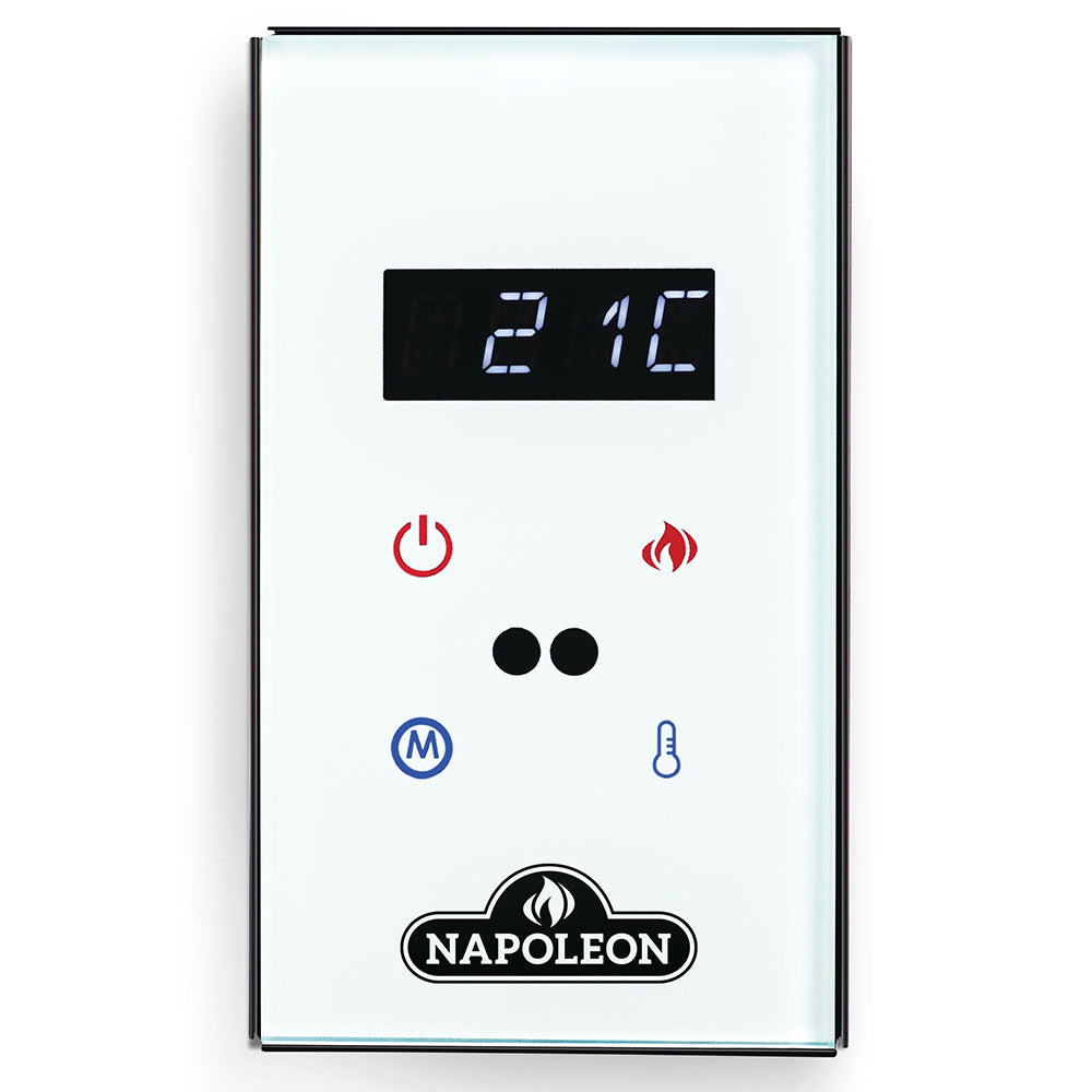 Wall-mounted fireplace controller with digital display, power and flame icons, Napoleon logo